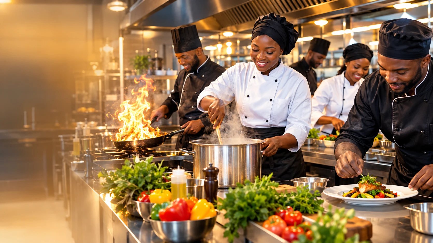 Kitchen brigade in training at the EchoResta hospitality school in Abidjan